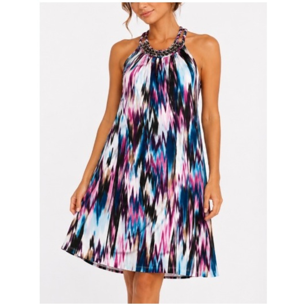 BCX Women's Multi Abstract Ikat Print Embellished Braided Racerback Dress M
